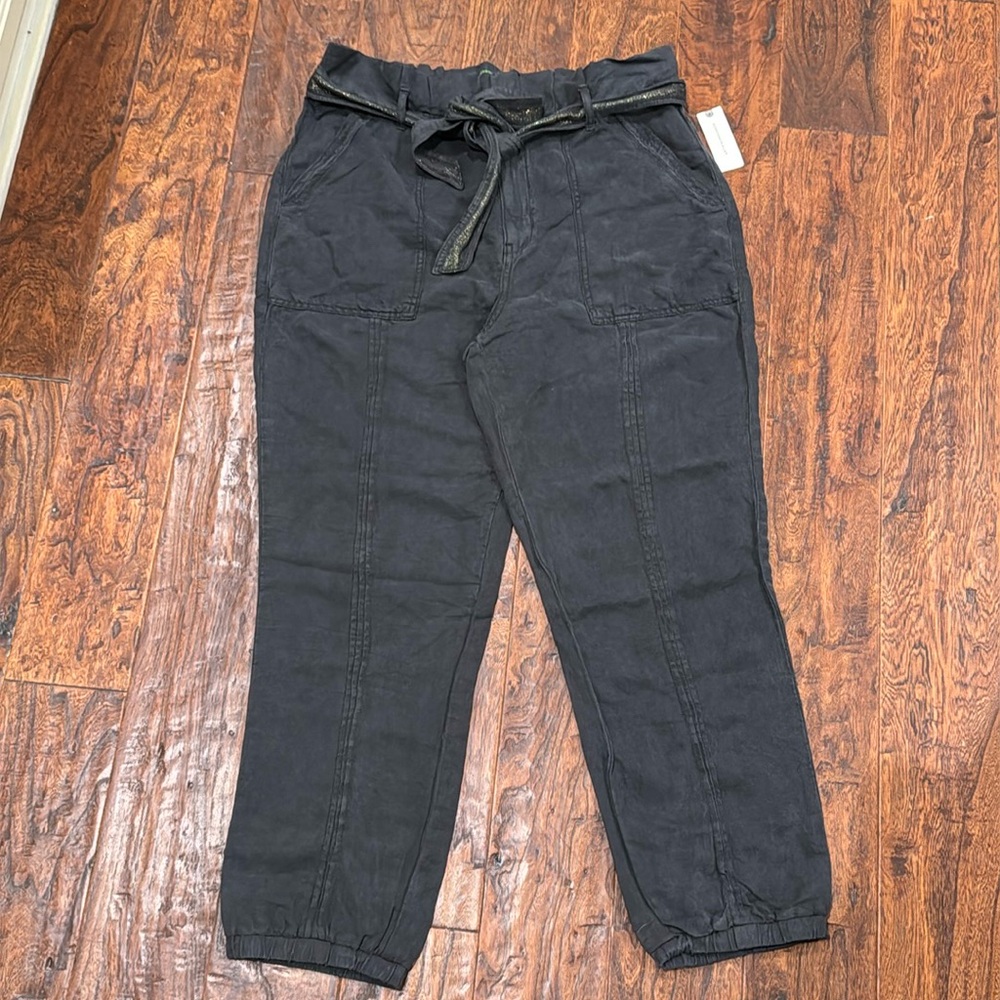 ANTHROPOLOGIE LINEN PAPERBAG WAIST JOGGER PANT IN BLACK SZ 12 NWT